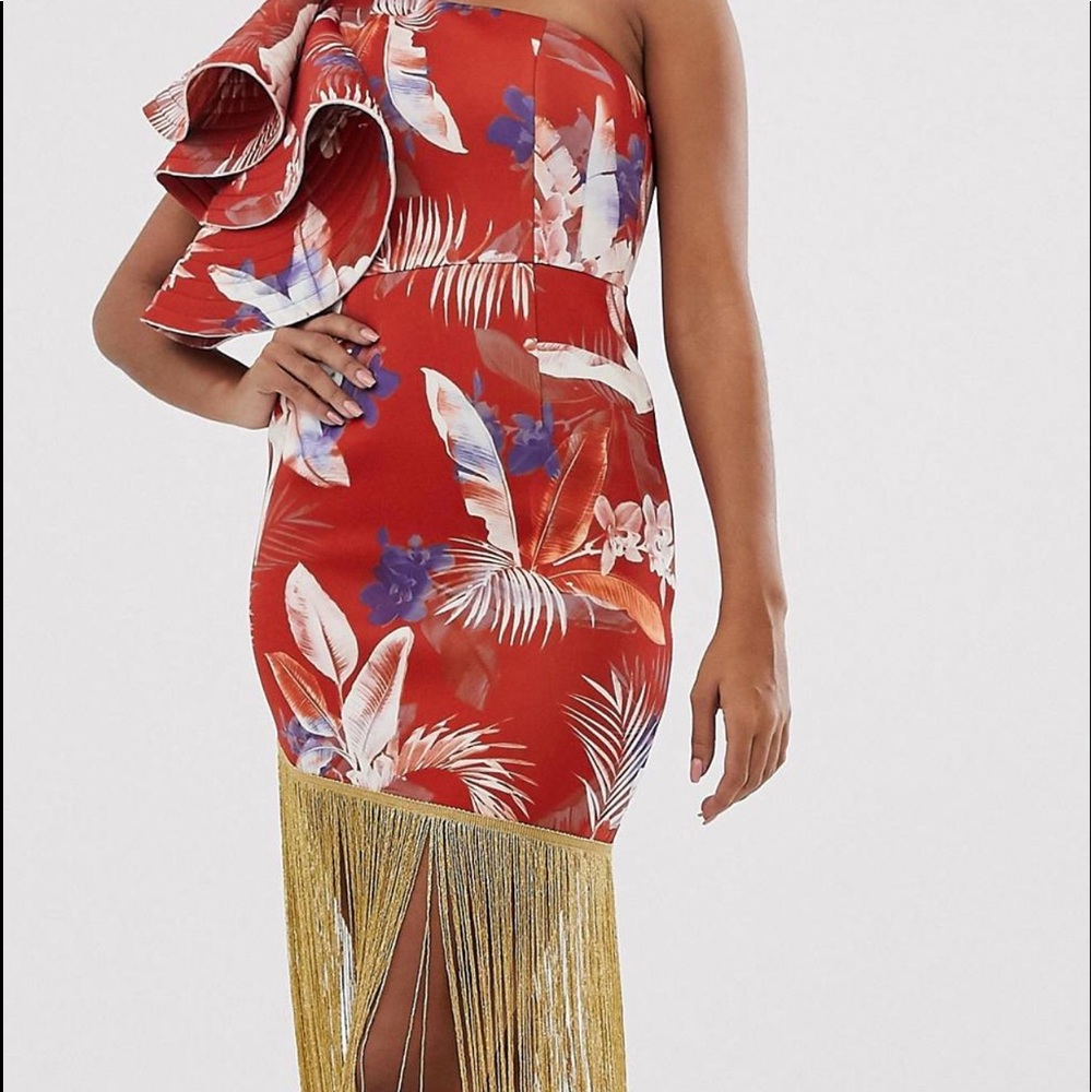 quilted ruffle floral midi dress w/ fringe hem